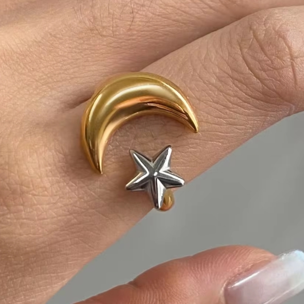 18 KT Gold Over Titanium Moon and Star Ring